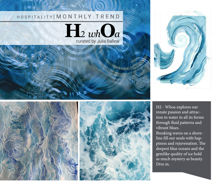 FEBRUARY 2021: H2whOa H2 - Whoa explores our innate passion and attraction to water in all its forms through fluid patterns and vibrant blues. 